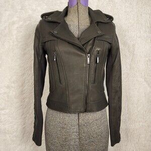 BCBGMaxazria Isa Hunter Green Leather Moto Jacket Size XS